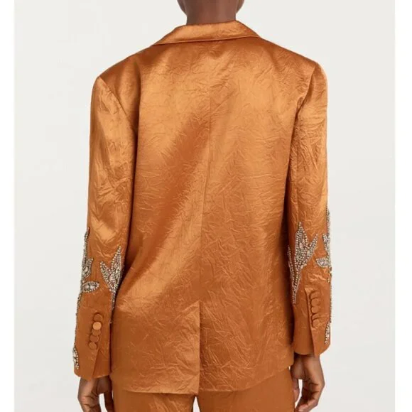 CINQ À SEPT 'Cheyenne' Crystal-Embellished Crinkled-Satin Blazer, Pecan - Picture 4 of 4